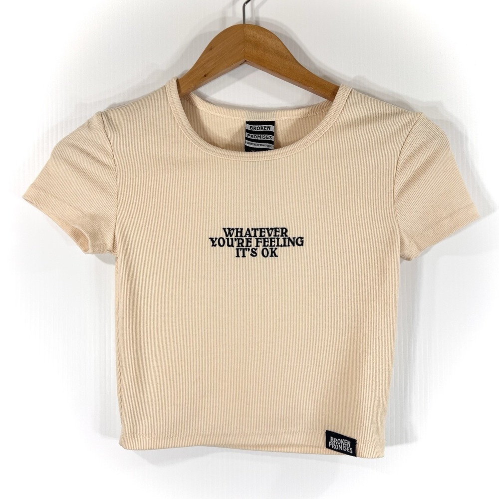 Broken Promises Graphic Shirt Womens Size Small Butter Yellow Cropped Summer